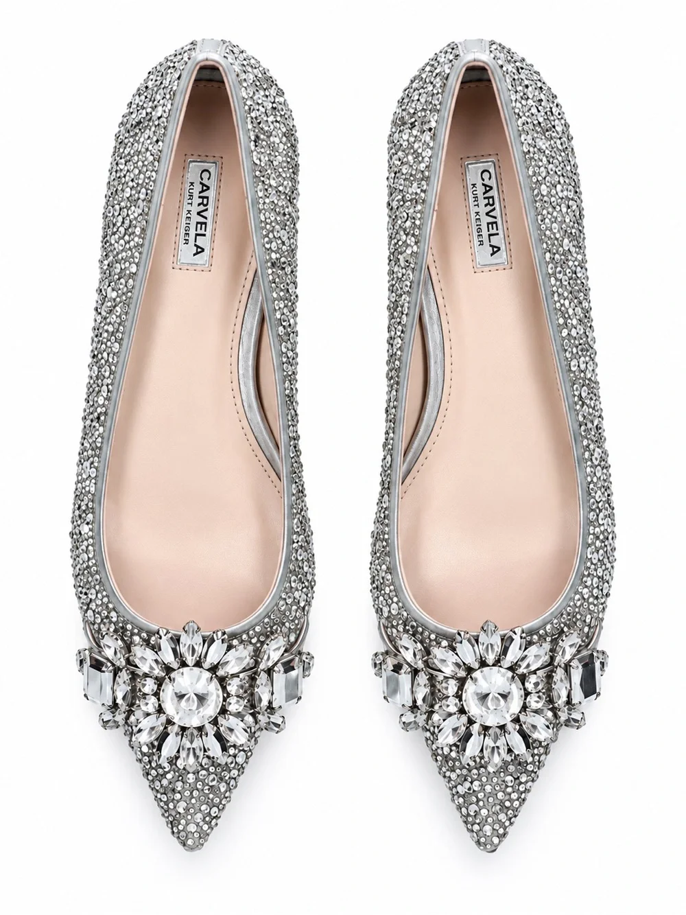 Kurt Geiger Silver Crystal Embellished Pointed Ballet Flats. Size 7.5